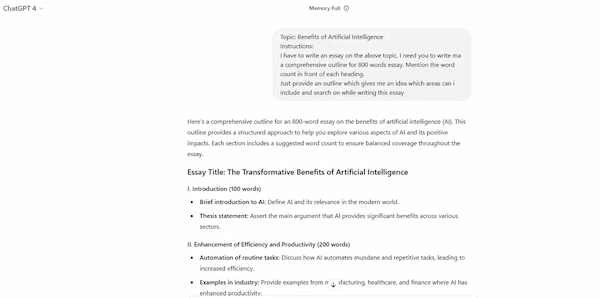 AI-generated essay outline on a laptop screen.