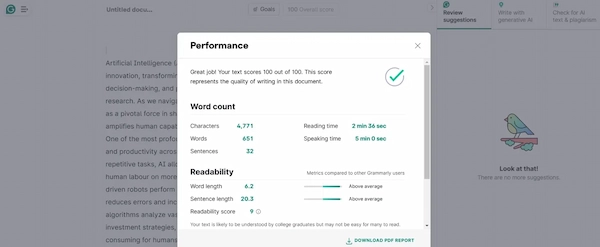 Grammarly Premium report showing zero grammar errors.